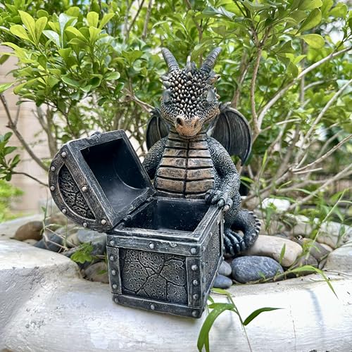 Garden Dragon Statue Solar Powered Outdoor Figurine Light Decor Cute and Hold Glowing Treasure Chest Resin Sculpture Home Decoration for Porch Patio Lawn Farm Yard Housewarming Ornament Gift (treasurebox)
