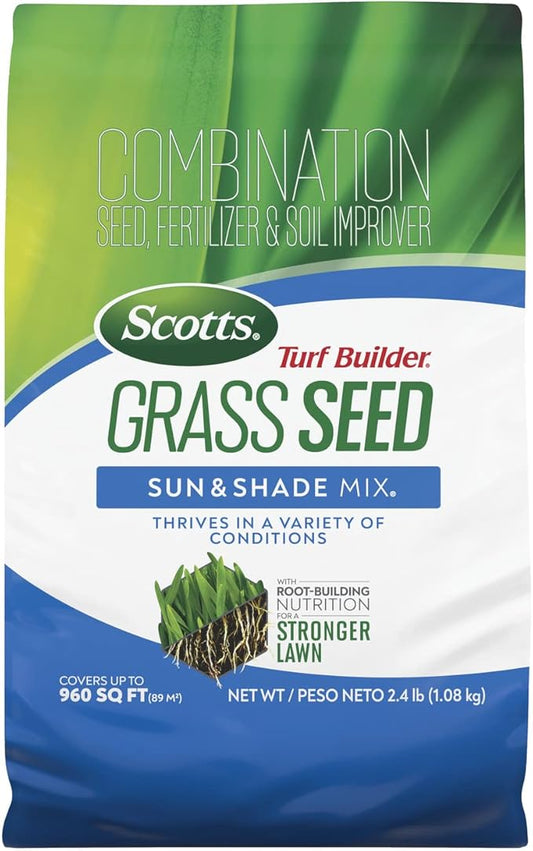 Scotts Turf Builder Grass Seed Sun and Shade Mix - Grass Seed Plus Lawn Fertilizer and Soil Improver, Covers Up To 960 sq. ft., 2.4 lb.