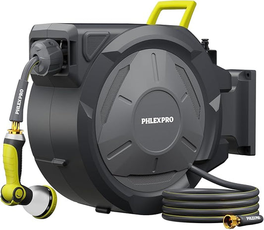 115FT x 5/8" Retractable Garden Hose Reel - PHLEXPRO Heavy Duty Hose Reel Wall Mount 3/4" Brass Fitting 10 Pattern Nozzle, Any Length Lock Automatic Slow Retraction 180° Swivel, UV Resistant