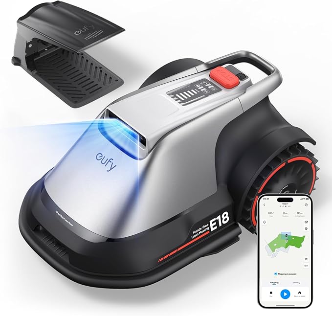 eufy E18 Robot Lawn Mower,Max 0.3 Acres,Wireless Robot Mower with Auto Mapping,Vision Navigation,Multi-Zone Management,Robotic Lawnmower with AI Obstacle Avoidance,APP Control,18°Slope,Cut Height1-3"