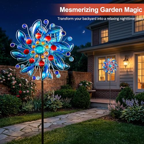 Solar Wind Spinner with Glass Ball (Vibrant Blue Floral)