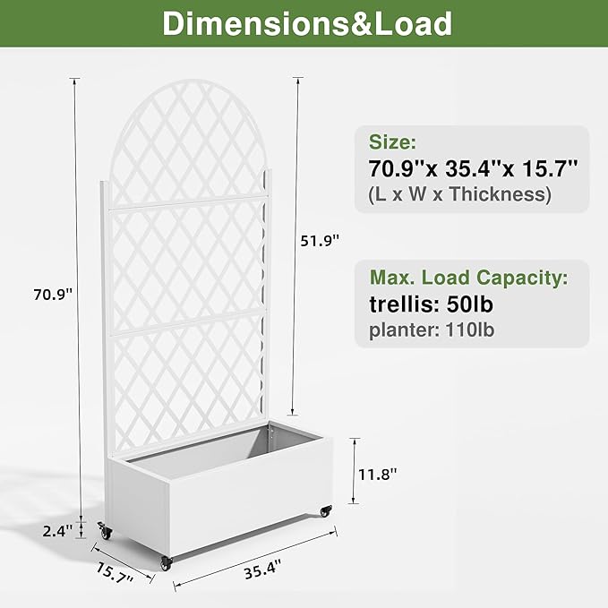 Casaphoria Metal Raised Garden Bed with Trellis and Wheels, 72"x35"x16" Arched Planter Box for Climbing Plants, Vegetables & Vines, Features Drainage Holes and Privacy Screen (White-Rhombus)