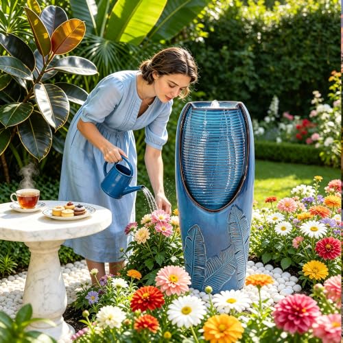 Autodaya 33" H Ceramic Jar Outdoor Water Fountain (32"h-leaf Pattern Teal Blue Glaze)