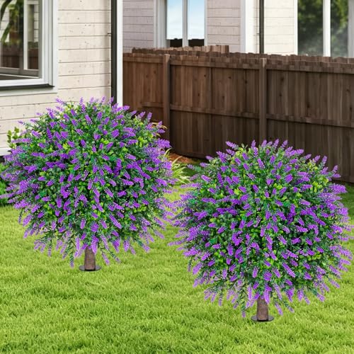 2 Pack UV Resistant Artificial Lavender Boxwood Plants Outdoor (Lavender)