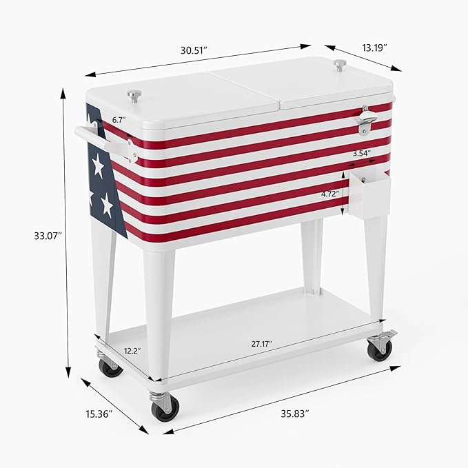 VINGLI 80 Quart Rolling Ice Chest, Portable Patio Party Bar Drink Cooler Cart, with Shelf, Beverage Pool with Bottle Opener