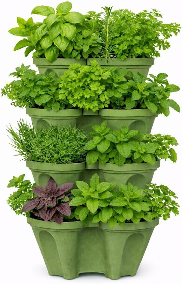Vertical Garden Planter 4 Tier Stackable System 16 Plants, Space Saving Herb, Strawberry & Food Crop Planter with Center Support Hole for Indoor Outdoor Gardening (4, Sagebrush Green, Large)