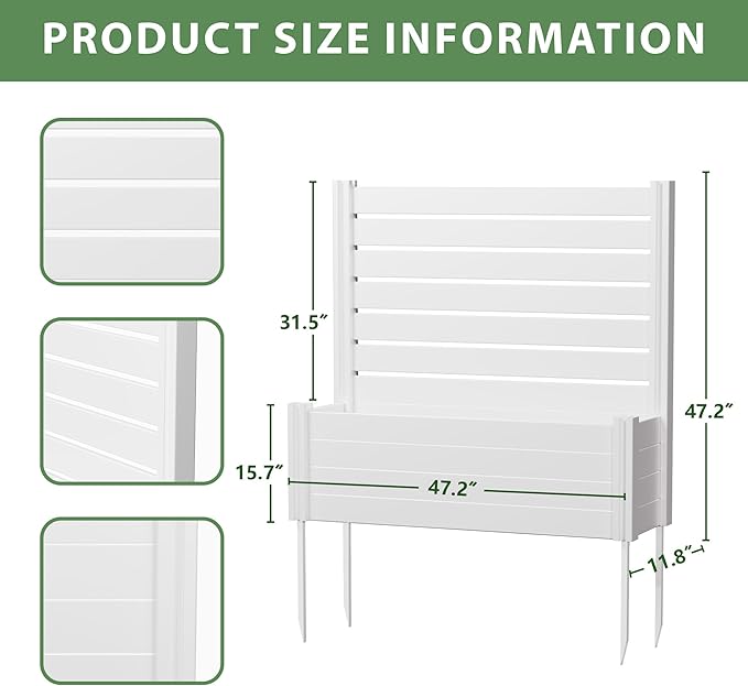 Casaphoria Raised Garden Bed with Trellis, 47"x47"x16" Planter Box with Open Bottom for Gardening Vegetables & Vines and Climbing Plants, White