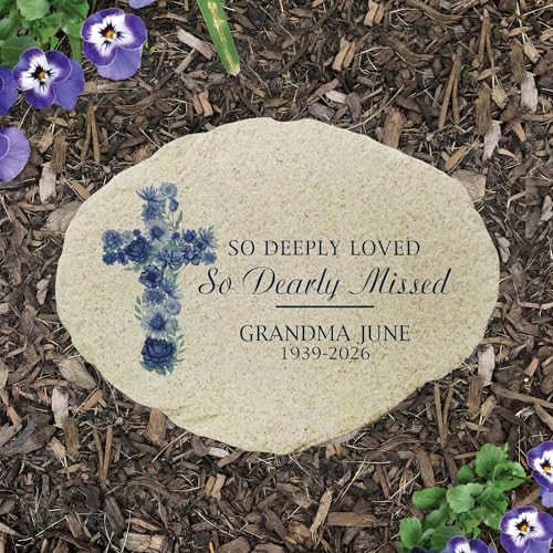 Personalized Blue Floral Memorial Cross Small Flat Garden Stone (Blue Cross / Small)