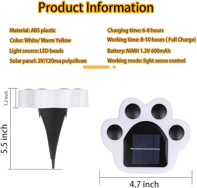 4 Pack Cute Solar Paw Print Light, Waterproof Outdoor Gardent Lights, Led Animal Yard Lights for Garden, Patio, Flowerbed, Lawn Decor(Warm Yellow)