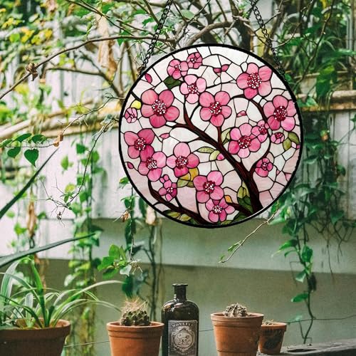 Pink Cherry Blossoms Stained Glass Window Hanging Suncatcher Gifts 7.8" (Pink / 7.8x7.8 IN)