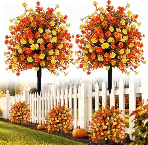 Set of 2 Fall Artificial Mums Ball Topiary Trees Outdoor (Fall)