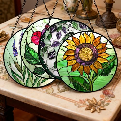Stained Glass Window Hanging 4 Pcs Set Red Roses Yellow Sunflowers Large 11.8" (4-piece Green Set / 11.8x11.8 IN)