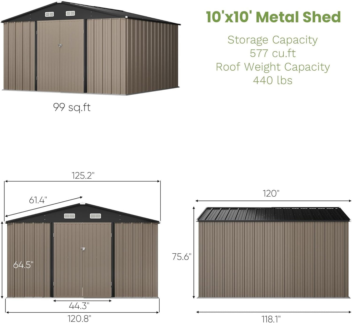 10 x 10 FT Metal Outdoor Storage Shed (10x10 / Brown)