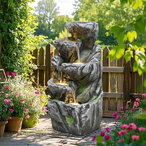 31.9'' Outdoor Garden Water Fountain with Lights (Grey 32in)