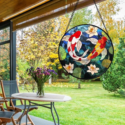 Stained Glass Window Hanging Carp Suncatcher Gifts for Women 9.8" (Red and White / 9.8x9.8 IN)