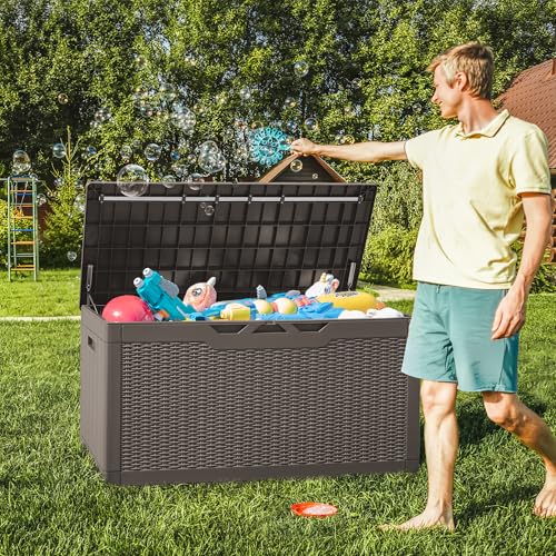 100 Gallon Resin Deck Box Large Outdoor Storage with Cushions for Patio Furniture (Brown / 100 Gallon)