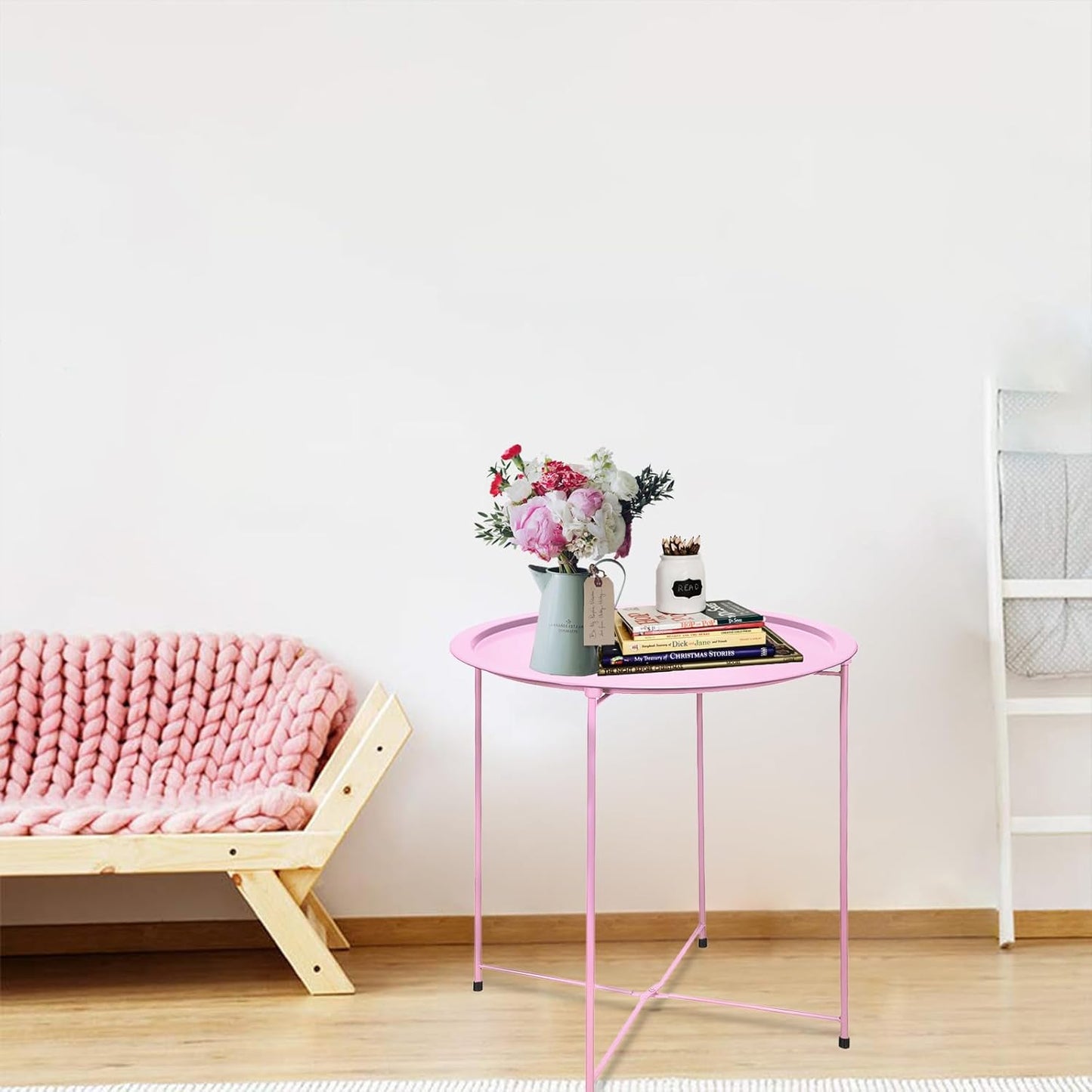 Garden 4 you End Table Outdoor Side Table, Small Patio Table Metal Side Table, Round Folding Side Table, for Outdoor and Living Room,Pink