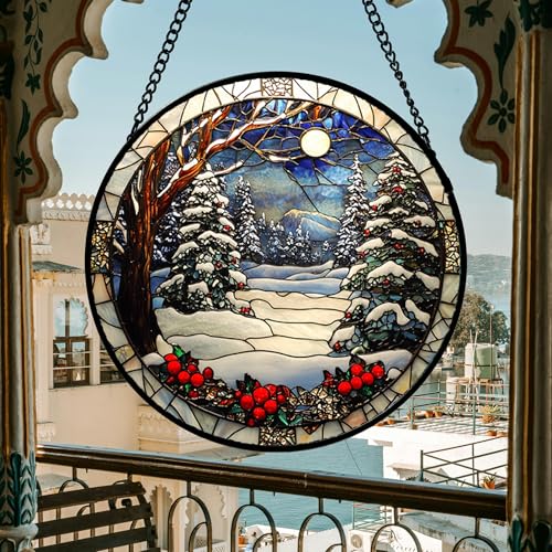 Winter Snow Night Scenery Stained Glass Window Hanging Suncatcher Gift 6.3"