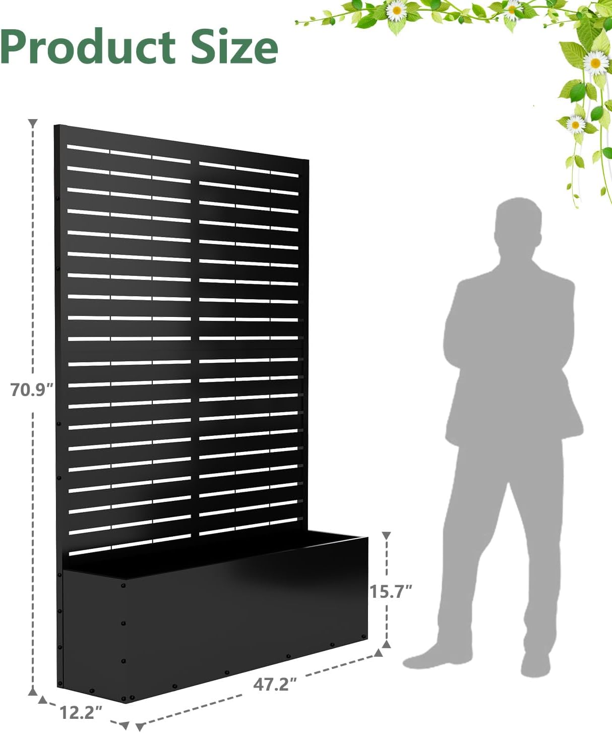 2PCS Metal Planter Box with Trellis,70.9"x47.2"x15.7" Raised Garden Bed with Drainage Holes, Privacy Planters for Outdoor, Garden Bed for Climbing Plants,Vegetables,and Vines, Black-louvered