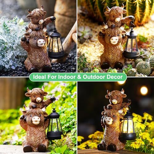Highland Cow with Solar Lantern Garden Statue (Brown Highland Cow)