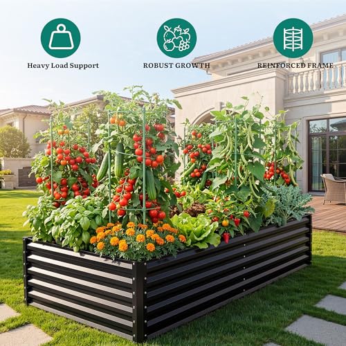 2pcs 8x4x2ft Galvanized Raised Garden Bed with Tomato Cages (Black / 8x4x2ft 2pcs W/ Trellis)
