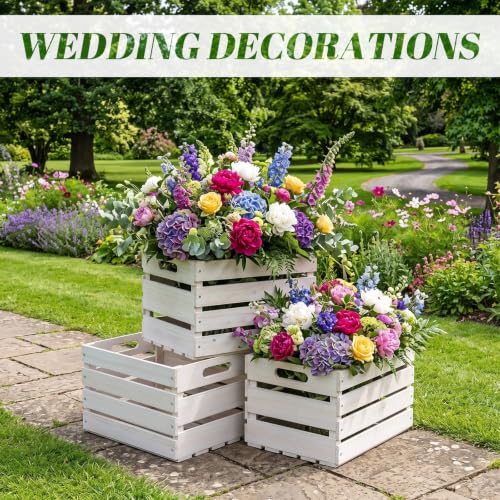 3 Pack Large Wood Crates Box for Storage 12 x 10 x 8 Inches Unassembled Wooden Milk Crates with Handle Decorative Nesting Box for Winter Display Rustic DIY Office Home Retail Art (White / 12 Inch)