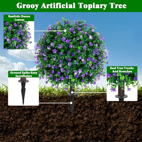 2 Pack Artificial Boxwood Topiary Tree with Flower for Outdoor (Purple Flower)