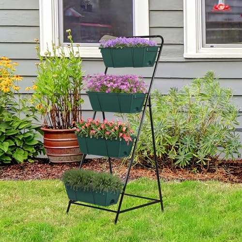 Vertical Raised Garden Bed 4 Tier Garden Planter for Outdoor Plants Standing Garden Planters with Drainage Holes Removable Tray for Herbs Flowers Vegetables Plants (Green)