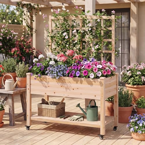 65'' Wooden Raised Garden Bed with Trellis & Legs (47” x 23” x 65”)