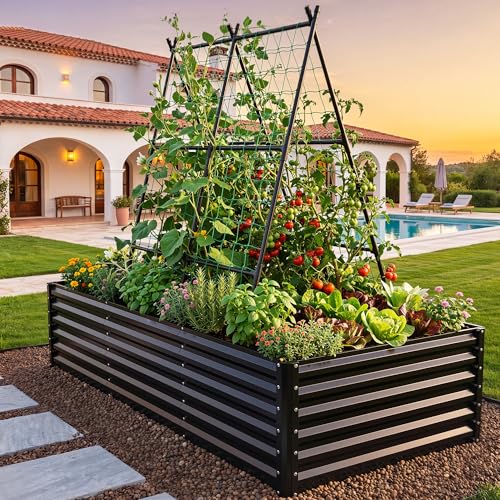 8x4x2ft Galvanized Raised Garden Bed with Cucumber Trellis (Black / 8x4x2ft W/ Trellis)