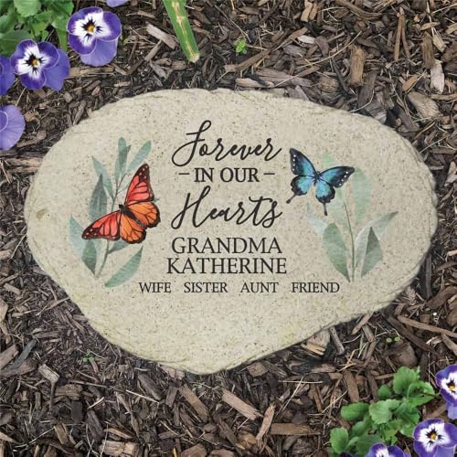 Flowers and Butterflies Forever in Our Hearts Personalized Memorial Garden Stone (Flowers & Butterflies / Large)