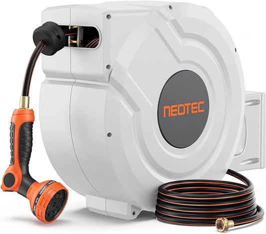 Upgraded Retractable Garden Hose Reel 1/2 inch x 130 ft Any Length Lock 9 Pattern Nozzle Wall-Mounted Automatic Slow Return 180° Swivel UV Resistant Heavy Duty Hose Reels for Outside