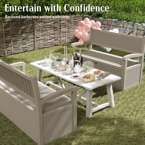 80 Gallon Outdoor Storage Bench Lockable Deck Box Outdoor Storage Box Waterproof for Patio (Grey Pattern / 80 Gallon)