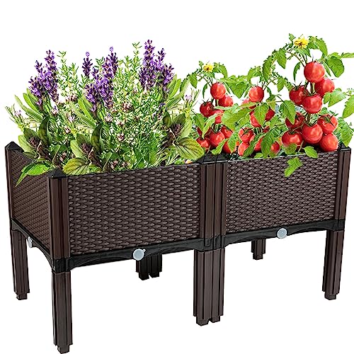 Plastic Elevated Planters for Raised Garden Bed with Legs for Outdoor Plants Box Kits with Drainage Holes for Patio Deck Balcony to Planting Flowers (31.5"(l)x16"(w)x17.3"(h)/Brown)