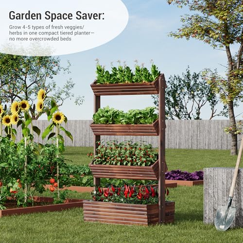 Wood Vertical garden planter herb Raised garden bed indoor kit standing (Carbonized / 4-Tier)