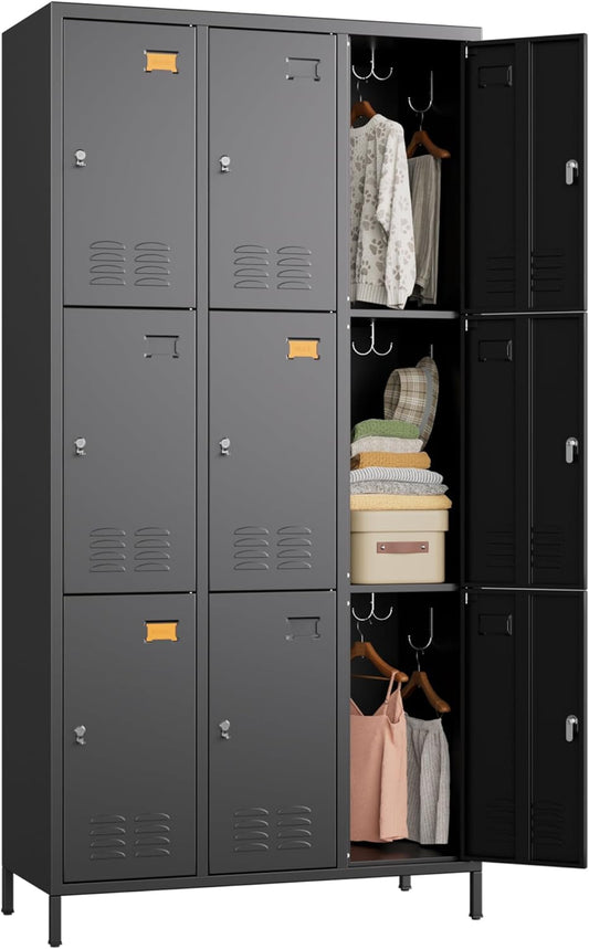 9 Doors Metal Locker for Employees with 27 Hooks and Business Card Holder,Metal Locker with Ventilation Holes for School Garage Office Gym Home,Assembly Required,Black