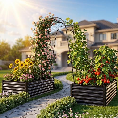 2pcs 6x3x1.5ft Galvanized Raised Garden Bed with Tall Arch Trellis (Black / 6x3x1.5ft 2pcs W/ Trellis)