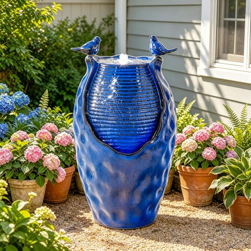 Autodaya 25" Ceramic Jar Outdoor Water Fountain with Hammered Texture (23.5"h-honeycomb Pot Cobalt Blue Glaze)