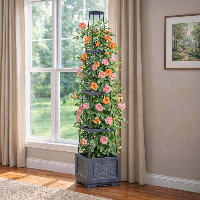 2PCS Raised Garden Bed Rolling Tomato Planter with Trellis, 57" Self-Watering Tomato Cage Planters Box for Climbing Plants Vegetable Flower Patio Garden Balcony Outdoor & Indoor (with Wheels)