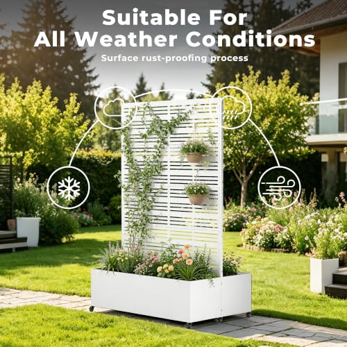 Double Metal Planter Box with Trellis Privacy Screen (White Line / 73"x 47"x 30")