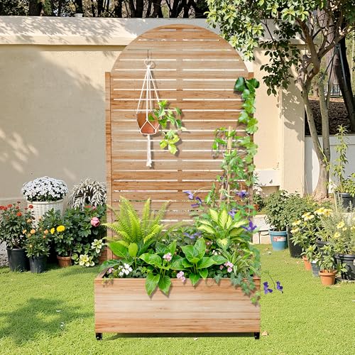 Metal Raised Garden Bed with Trellis and Wheels (Acacia Wood Grain-louvered / 71" x 35" x 16")