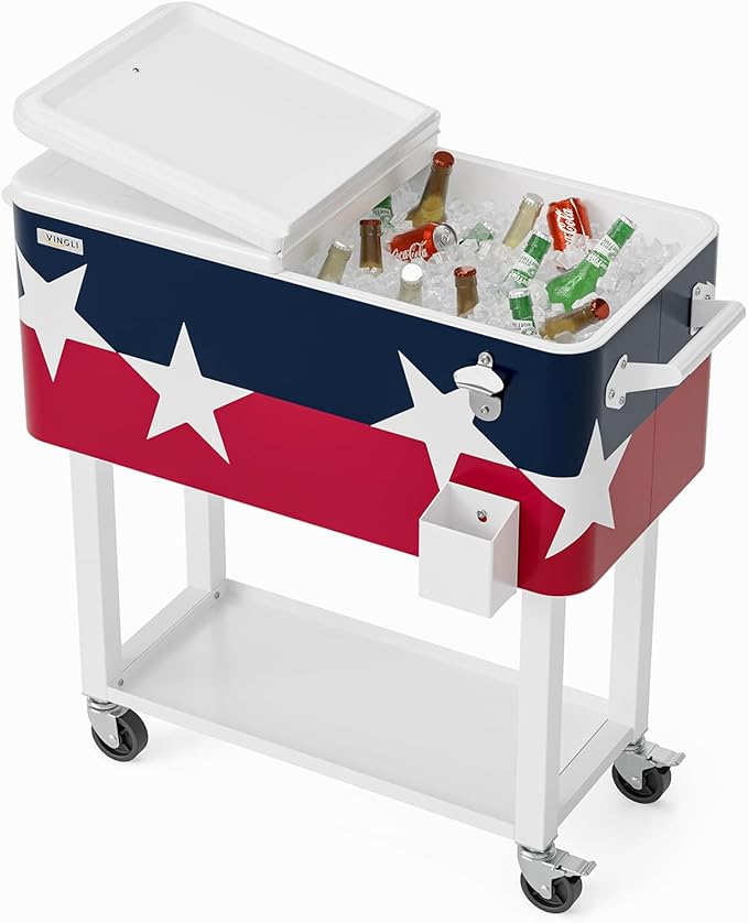VINGLI 80 Quart Rolling Ice Chest, Portable Patio Party Bar Drink Cooler Cart, with Shelf, Beverage Pool with Bottle Opener