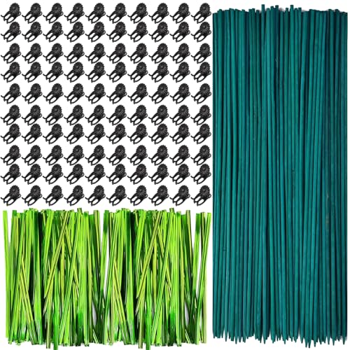 100 Pieces Green Bamboo Plant Stakes with 100 Pieces Orchid Clips and 100 Metallic Twist Ties for Supporting Stems Vines Stalks Grow Upright (300 Count)