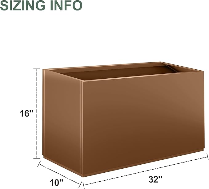 Large Metal Planter Box for Indoor & Outdoor Plants, Flowers, Rectangular Planters with Drainage Holes for Patio, Front Porch, All-Weather Use (32" L x 10" W x 16" H, Brown)