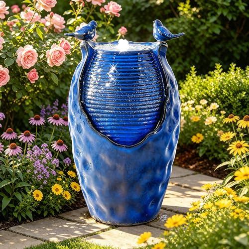 Autodaya 25" Ceramic Jar Outdoor Water Fountain with Hammered Texture (23.5"h-honeycomb Pot Cobalt Blue Glaze)