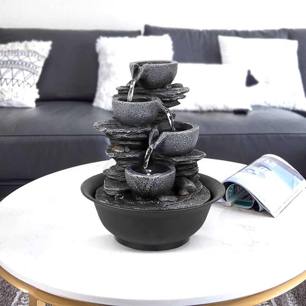10.6” High Cascading Tabletop Fountain w/LED Light - 4-Tier Bowls Rock Water Fountains Indoor Small Relaxation Waterfall Feature for Home, Office and End Table Decoration (10.6" high, Gray)