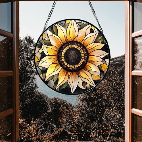 Retro Sunflower Stained Glass Window Hanging Suncatcher Gifts for Mom 15" (Yellow / 15x15 IN)