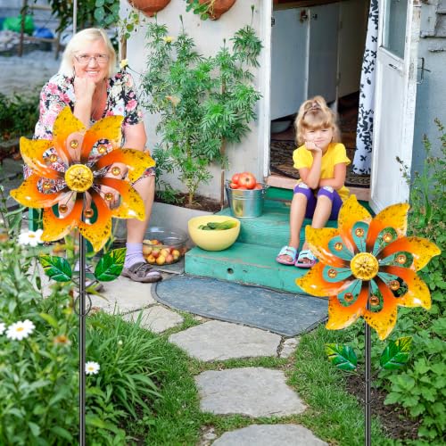 2pcs Metal Wind Spinners Outdoor with Stake for Yard Lawn Garden (2pc Yeloow)