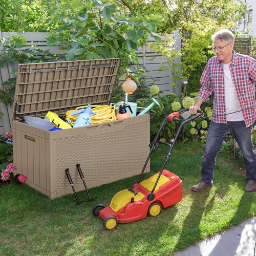 100 Gallon Resin Deck Box Large Outdoor Storage with Cushions for Patio Furniture (Light Coffee / 100 Gallon with Cushion)