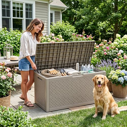 110 Gal Waterproof Outdoor Storage Box UV Resistant Deck Box (Grey / 110 Gallon)